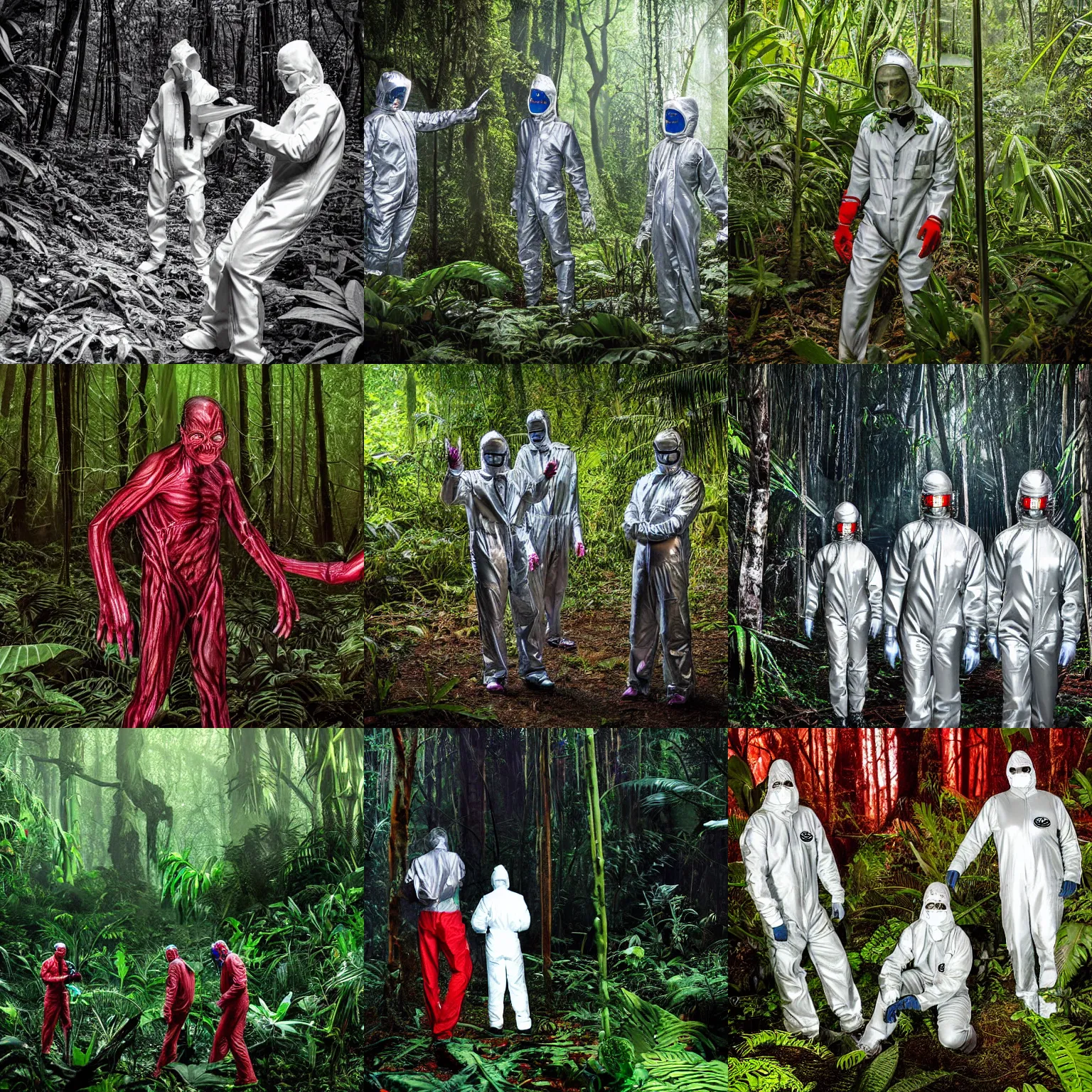Prompt: scientists in a silver suit collecting samples of the red blood veins on the green jungle ground, award winning photograph, sci - fi, horror, creepy, highly detailed