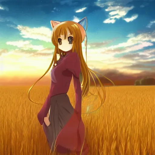 Prompt: anime illustration of Holo from Spice and Wolf standing in a wheat field at sunset, Holo if a wolf girl, high detail, trending on artstation