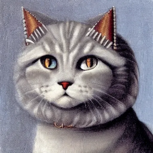 Prompt: a renaissance style portrait painting of a grey scottish fold cat, wearing a crown and cape, dark background