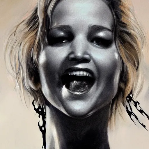 Prompt: ultra realistic portrait painting of jennifer lawrence in venom, art by frank frazetta, 4 k, ultra realistic, highly detailed, epic lighting.