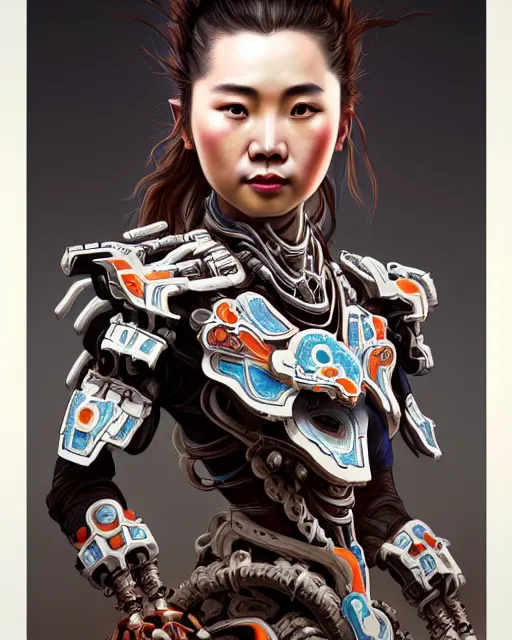 Image similar to portrait of a machine from horizon zero dawn, machine face, upper half portrait, decorated with chinese opera motifs, asian, bian lian, traditional chinese art, intricate, elegant, highly detailed, digital painting, artstation, concept art, smooth, sharp focus, illustration, art by artgerm and greg rutkowski and alphonse mucha, 8 k