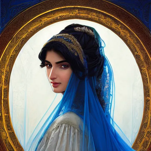 Image similar to ameera al taweel, bright blue eyes, long wavy black hair, white veil, front , highly detailed, digital painting, artstation, concept art, smooth, sharp focus, illustration, ArtStation, art by artgerm and greg rutkowski and alphonse mucha and J. C. Leyendecker and Edmund Blair Leighton