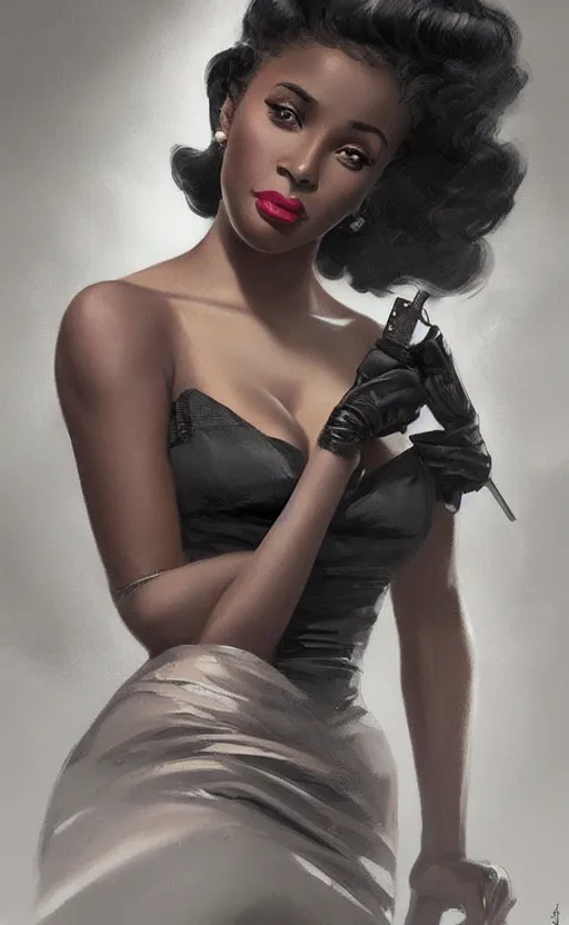 Image similar to an attractive young Black woman, clothed like a 1940s femme fatale, intricate, elegant, highly detailed, digital painting, film noir lighting, Blade Runner city background, trending on artstation, concept art, smooth, sharp focus, illustration, art by artgerm and greg rutkowski and alphonse mucha