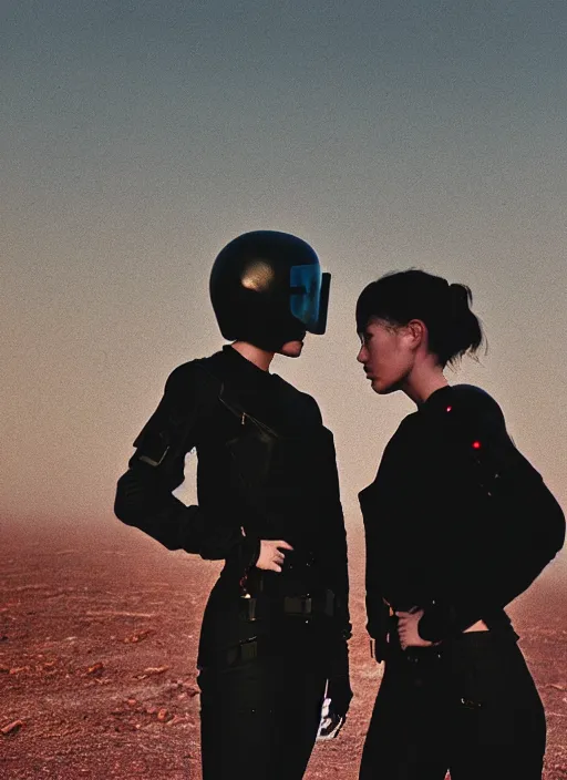 Image similar to cinestill 5 0 d f / 3 2 3 5 mm photographic portrait of two loving female androids wearing rugged black techwear on a desolate plain with a brutalist monument and a red sky, extreme closeup, cyberpunk style, dust storm, 8 k, hd, high resolution, ultra realistic faces, ex machina