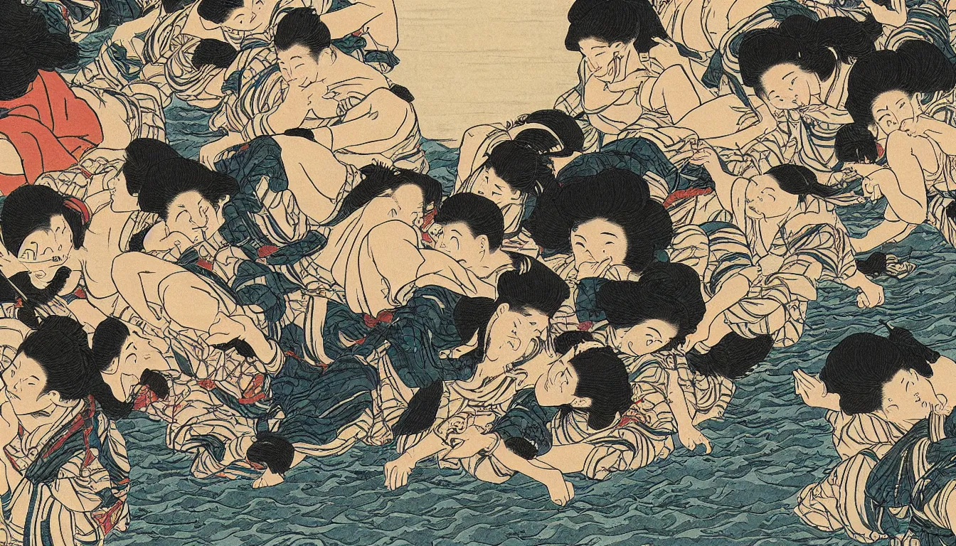 Image similar to party on a river raft, close up, by hokusai