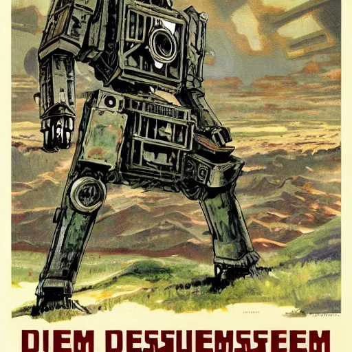 Image similar to wwi deiselpunk soviet battle mech propaganda art by james gurney