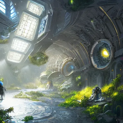 Image similar to space utopia where the path ways are filled with fauna, intricate building design, dynamic lighting, photorealistic fantasy concept art, trending on art station, stunning visuals, creative, cinematic, ultra detailed, ray tracing, sun rays