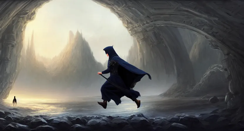 Image similar to handsome mage running away from giant airship, black hair wearing square hooded gothic navy cloak holding a stave, cave town, movie action still frame, ultra wide horizon, intricate, elegant, highly detailed, hyperrealism, digital painting, concept art, smooth, sharp, focus, illustration, art by artgerm, greg rutkowski, ilya kuvshinov