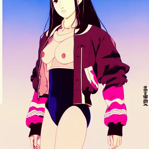 Image similar to a beautiful japanese natalie portman gravure model, wearing oversized native designer bomber jacket and leotard, bulky poofy bomber jacket with mesoamerican patterns, mesoamerican native street fashion, gapmoe yandere grimdark, trending on pixiv fanbox, painted by greg rutkowski makoto shinkai takashi takeuchi studio ghibli, akihiko yoshida