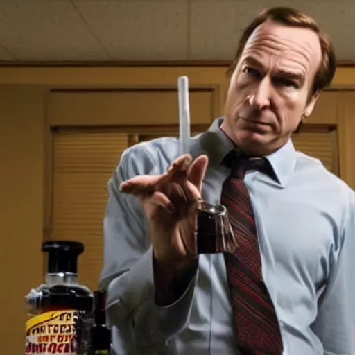 Image similar to saul goodman's character portrayed by bob odenkirk, from the show, breaking bad and better call saul, hitting an enormous, complex dab rig with christian bale's character, patrick bateman from american paycho.