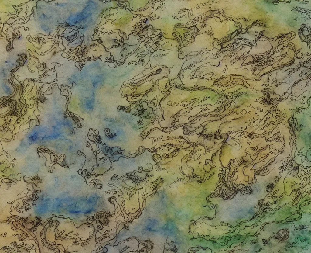 Prompt: ancient fantasy regional map, watercolour painting, pencil, grass, mountains and oceans, on old parchment paper, n 6