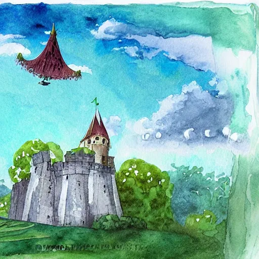 Prompt: laputa castle in the sky flies over the forest, watercolor illustration for a book