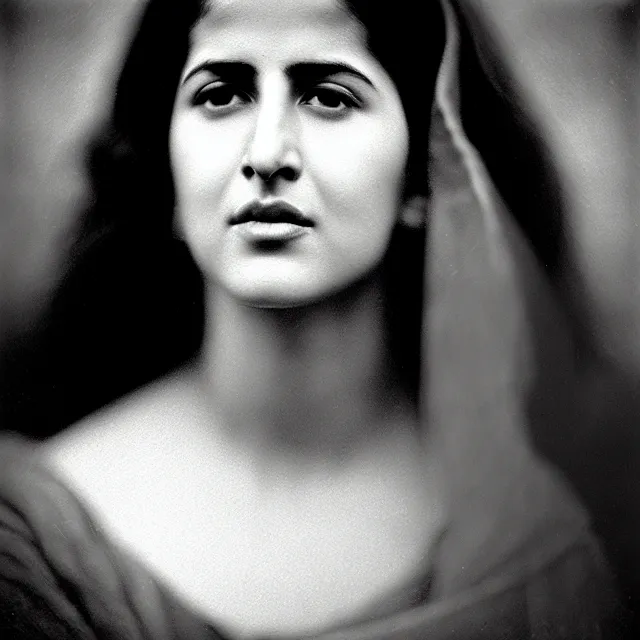 Image similar to a vintage photograph of Katrina Kaif by Julia Margaret Cameron, portrait, 40mm lens, shallow depth of field, split lighting