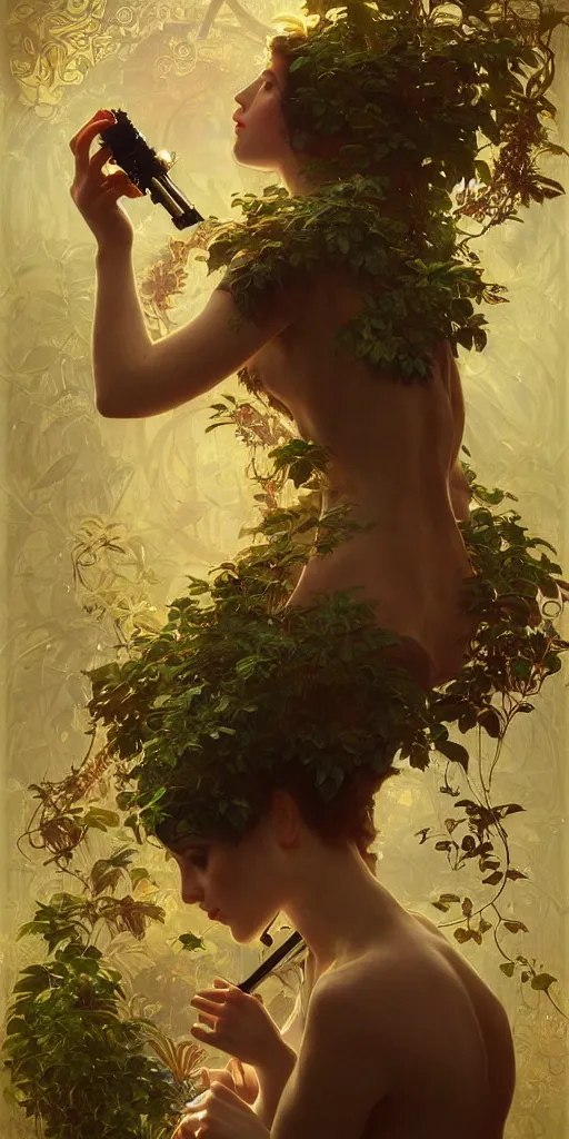 Image similar to hyper realistic photographer looking through a vintage medium format camera, design on white background, beautiful details, lush foliage cyberpunk, gold, drawn by john singer sargent, tom bagshaw, norman rockwell, alphonso mucha, lolish, trending on artstation