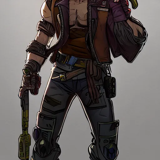 Image similar to concept art character, very high angle view, book cover, very attractive man with beard, walking in cyberpunk valley highly detailed full body, strong masculine features, sturdy body, command presence, royalty, smooth, sharp focus, organic, appealing, book cover, deep shadows, borderlands 3 style, extremely fine inking lines