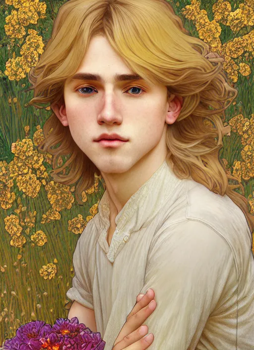 Image similar to pretty young man with shoulder length shiny shimmering golden blond hair, half body shot, decorative flower patterned background, path traced, highly detailed, high quality, digital painting, by studio ghibli and alphonse mucha, leesha hannigan, hidari, disney, jules bastien - lepage