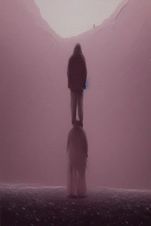 Image similar to a painting of a person standing in the snow, a surrealist painting by zdzisław beksinski and by alena aenami, deviantart, nuclear art, dystopian art, apocalypse landscape, surrealist