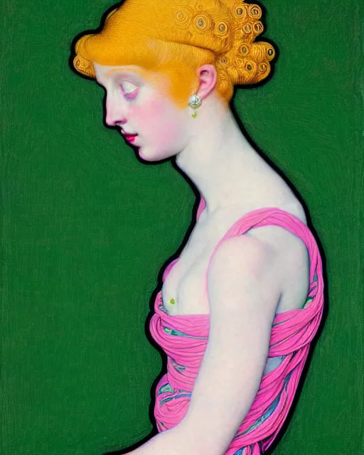 Image similar to portrait of a young pale woman with pink hair, wearing a neon green dress by Vivienne Westwood, intricate details, super-flat, in the style of James Jean, Jean Auguste Dominique Ingres, Gustav Klimt, black background