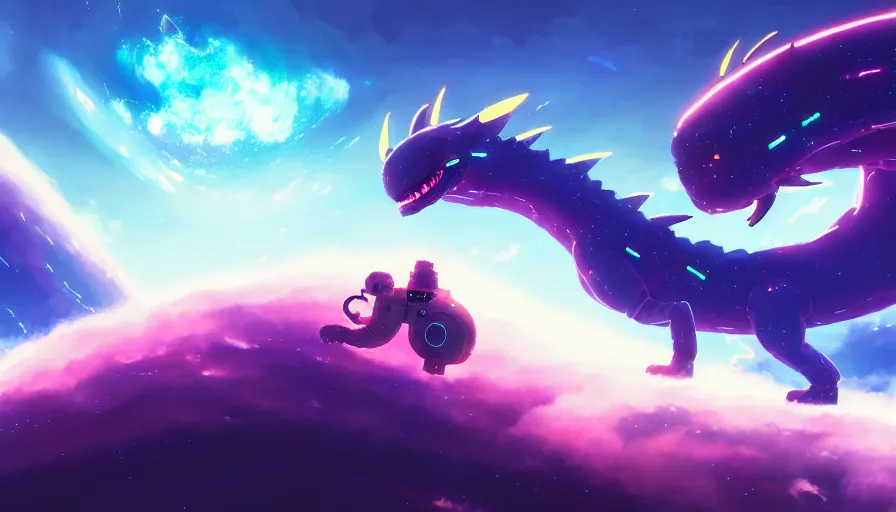 Prompt: a still of a cute kawaii astronaut android riding a large neon kaiju dragon, nebulous background of dynamic space, a dramatic composition by wlop and greg rutkowski and makoto shinkai and studio ghibli and kyoto animation, highly detailed, digital painting, matte