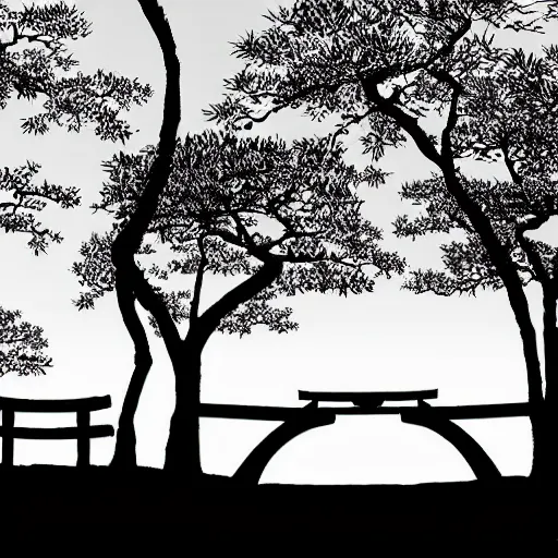 Prompt: a japanese landscape filled with torii arches, dawn, by david aja