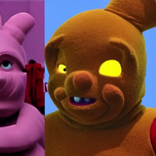 Prompt: the fifth teletubby which was cancelled for being too terrifying and violent, concept art, realistic horror 4 k.