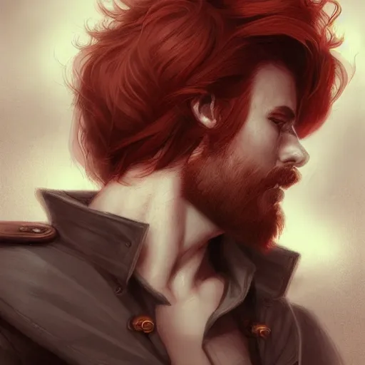 Prompt: rugged young ship captain, male, handsome, red hair, long hair, soft hair, fantasy, intricate, elegant, highly detailed, steampunk, digital painting, artstation, concept art, character art, smooth, sharp focus, illustration, art by artgerm