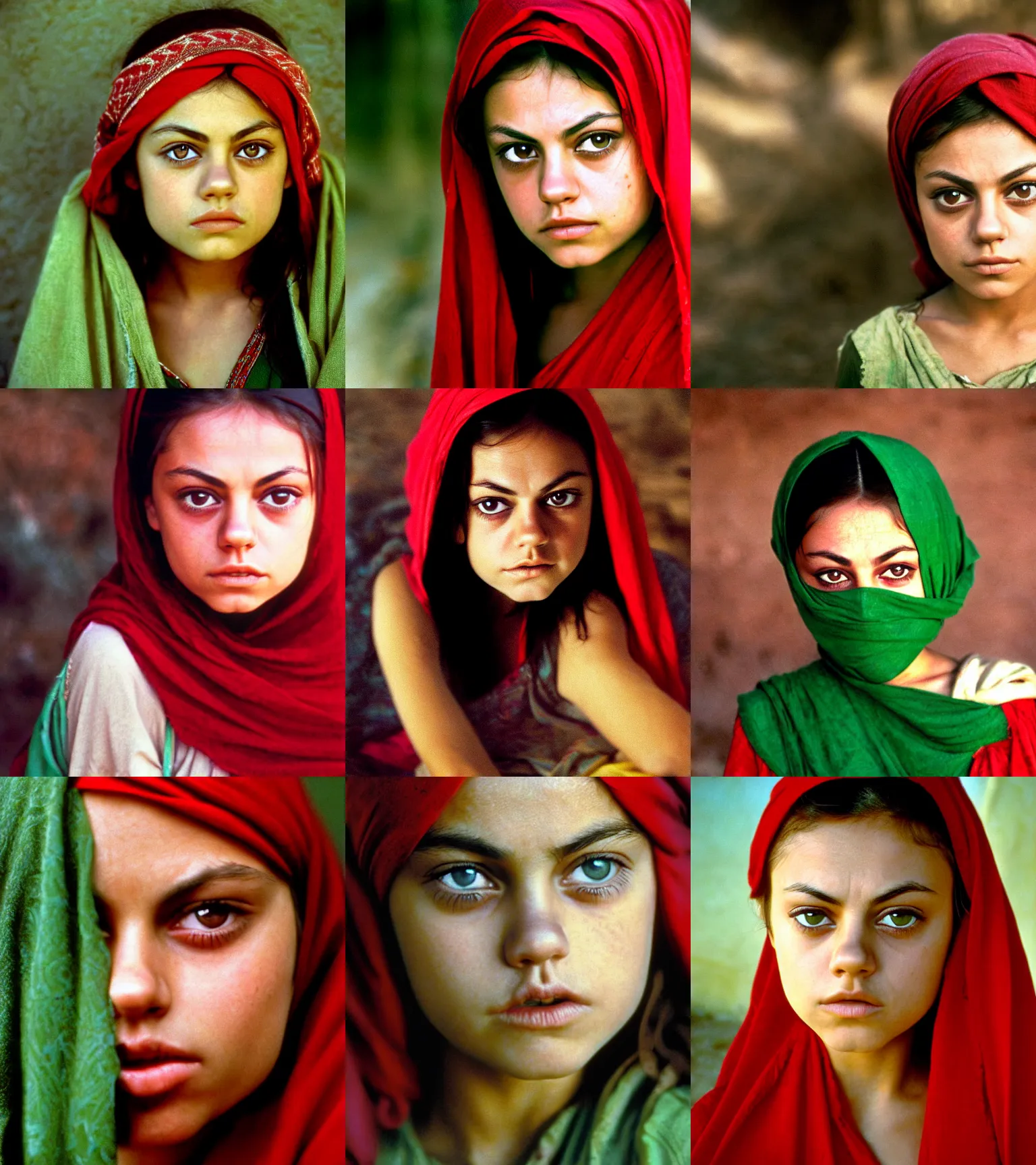 Prompt: portrait of young mila kunis as afghan girl, green eyes in a red headscarf looking intensely at the camera, taken by steve mccurry, kodachrome 6 4 color slide film, with a nikon fm 2 camera and nikkor 1 0 5 mm ai - s f 2. 5 lens