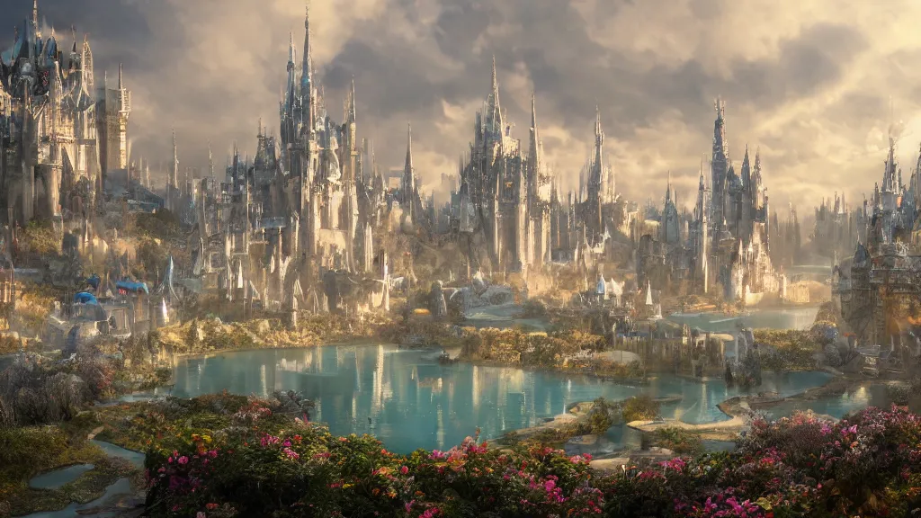Prompt: a snow white city surrounded by a lake of holy water, fantasy artwork, very very very beautiful scenery, hd, hdr, ue5, ue6, unreal engine 5, cinematic 4k wallpaper, 8k, ultra detailed, high resolution, artstation, award winning