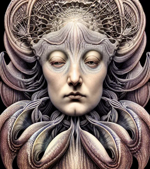 Prompt: detailed realistic beautiful clam goddess face portrait by jean delville, gustave dore, iris van herpen and marco mazzoni, art forms of nature by ernst haeckel, art nouveau, symbolist, visionary, gothic, neo - gothic, pre - raphaelite, fractal lace, intricate alien botanicals, ai biodiversity, surreality, hyperdetailed ultrasharp octane render
