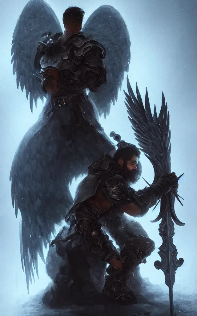 Image similar to dark blizzard art, portrait of fallen man angel kneeling with a sword and shield and wings, bokeh. dark art masterpiece artstation. 8k, sharp high quality illustration in style of Jose Daniel Cabrera Pena and Leonid Kozienko, concept art by Tooth Wu