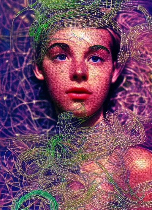 Image similar to realistic photo of a a blurred face of a girl, covered in plastic iridescent vines 1 9 6 0, life magazine photo, natural colors, metropolitan museum, kodak, 8 k, very detailed, high resolution, product photo,