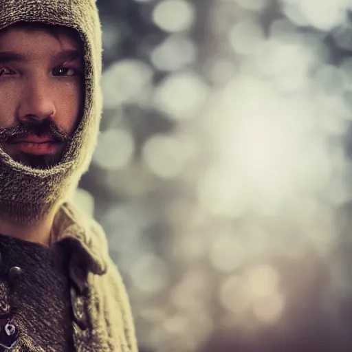 Image similar to portrait of a mysterious wizard with a Hood, bright eyes, fantasy, bokeh, magic lights, cinematic