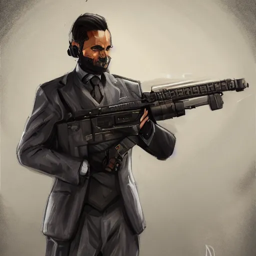 Prompt: portrait of an agent in a suit armed with a kriss vector, D&D, fantasy, elegant, hopeful, muscular, highly detailed, digital painting, artstation, concept art, smooth, sharp focus, illustration