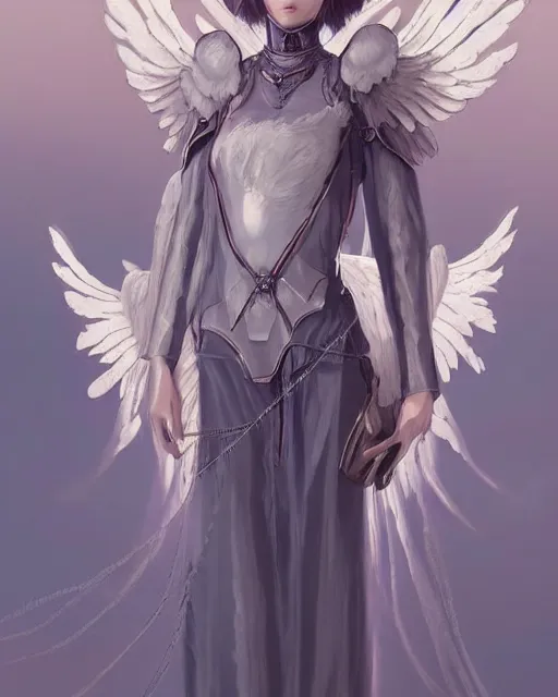 Image similar to an infinitely detailed portrait of a frail and pale female peace angel fully clothed. elegant clothes full - body, beautiful! scenery art!! coherent! by wlop & murata range, by ilya kuvshinov. victorian armor. artstation!! / pixiv!! elegantly armored angel portrait full - body, dreamy art