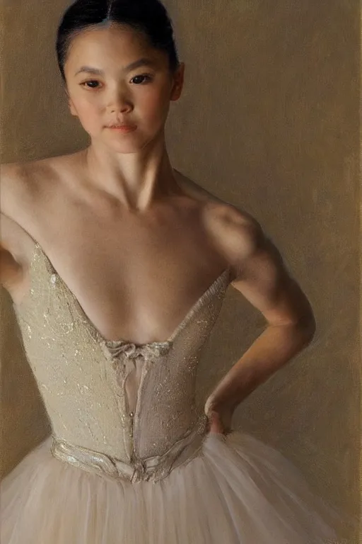 Image similar to portrait of a gorgeous graceful young filipina prima ballerina, by donato giancola and berthold woltze.