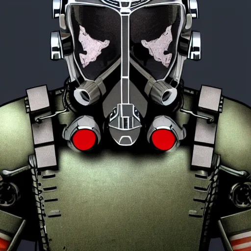 Image similar to a award winning action upper body portrait of nuke zombie with a breathing mask while wearing futuristic bodyarmor and pauldrons, outrun, vaporware, highly detailed, fine detail, intricate