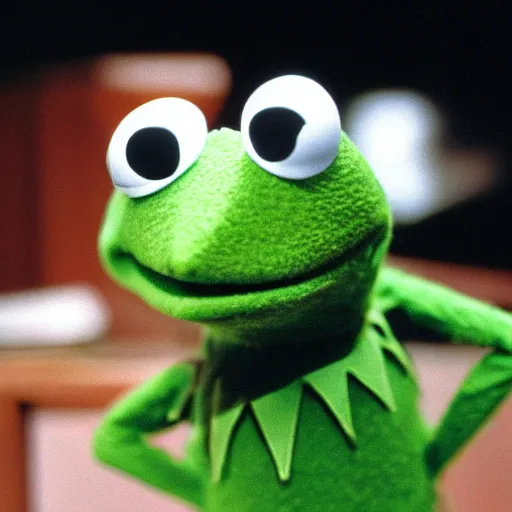 Prompt: photo of jim Henson's Kermit the frog looking a little disappointed to have been served divorce papers, professional photography, green frog felt Muppet puppet, high definition