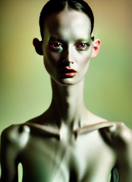 Image similar to cinestill 5 0 d portrait shot of a beautiful woman hybrid mantis in style of tim walker by roberto ferri, metallic body intricate detailed, 1 5 0 mm lens, f 1. 4, sharp focus, ethereal, emotionally evoking, head in focus, volumetric lighting, tonal colors outdoor