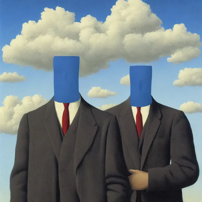 Image similar to portrait of a faceless shadow - head man in a suit, clouds in the background, by rene magritte, detailed painting, distance, middle centered, hd, hq, high resolution, high detail, 4 k, 8 k