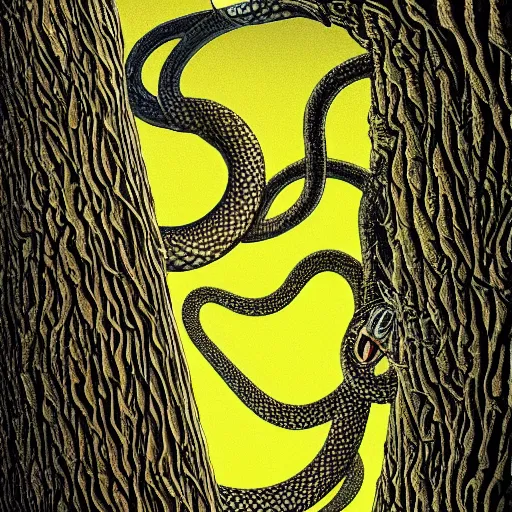 Image similar to tranquil, lines by emek golan macro photo. a art installation of a large, looming creature with a long, snake body. many large, sharp teeth, & eyes glow. wrapped around a large tree, bent under the weight. small figure in foreground, a sword, dwarfed by the size of the creature.