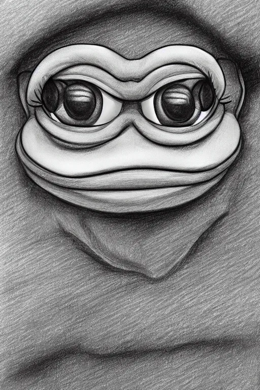 Image similar to portrait drawing of pepe the frog, ultra detailed highly realistic, trending on artstation, rule of thirds, extreme high detail, soft lighting, rim light, volumetric lighting and effects,