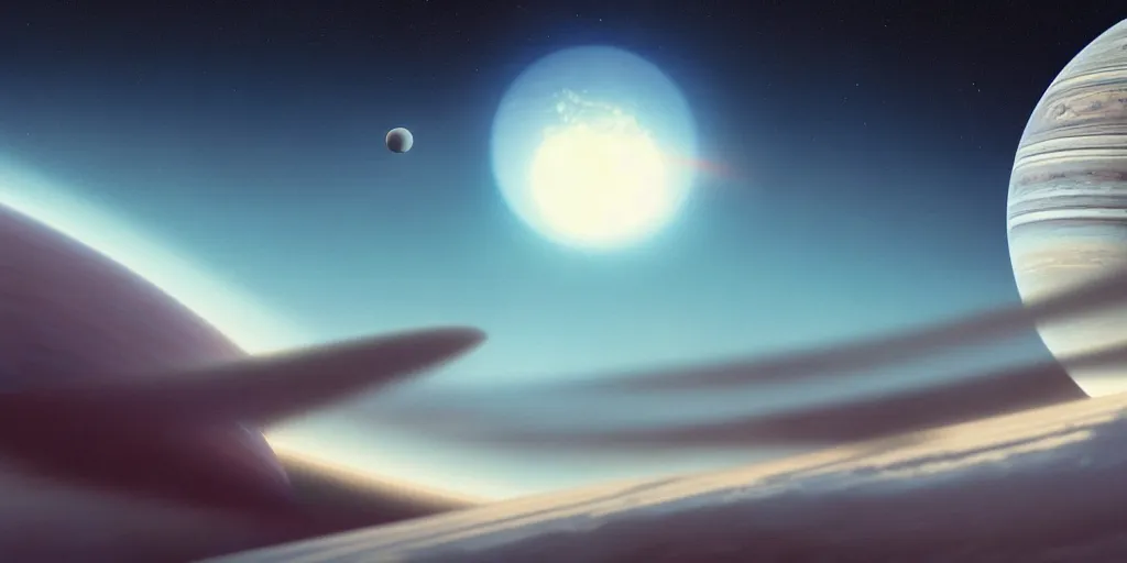 Image similar to blue dreamy cloudscape with a single planet in the clouds, ringed planet, daylight, cinematic lighting, cinematic perspective, syd mead, john harris, federico pelat,