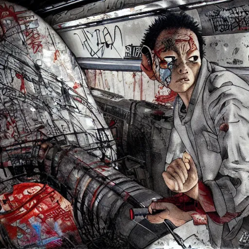 Prompt: tetsuo from akira painting graffiti in a subway train in neo tokyo, post apocalyptic scene, katsuhiro otomo, high detail, 4 k