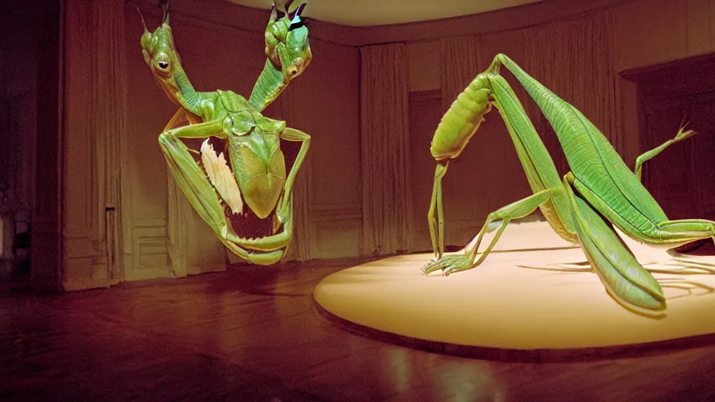 Image similar to the giant praying mantis head in the living room made of wax and water, film still from the movie directed by Denis Villeneuve with art direction by Salvador Dalí, wide lens