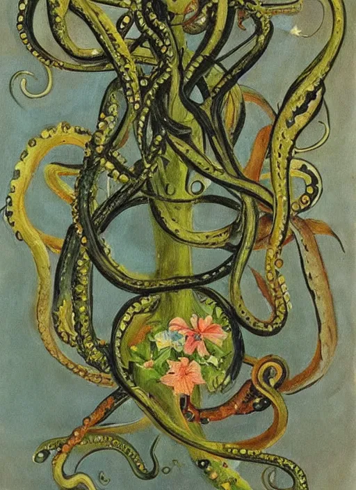 Prompt: vintage beautiful painting of a tau cross being overgrown by tentacles and small frogs in Mary Cassatt style