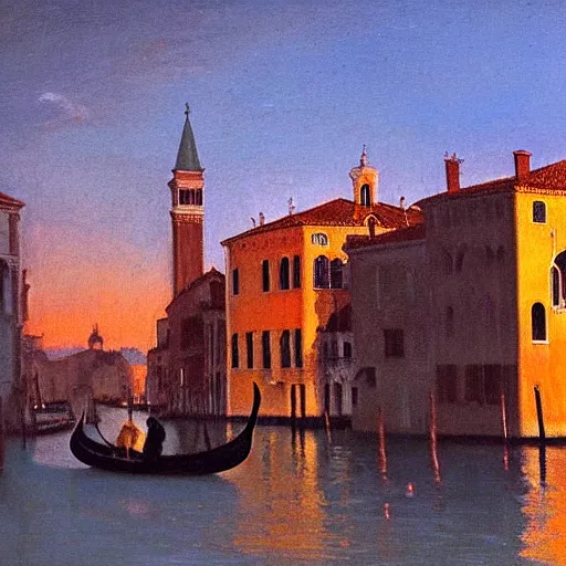 Image similar to A beautiful backlight sunset scene of historic Venice with gondola and reflective water in the style of Johannes Vermeer