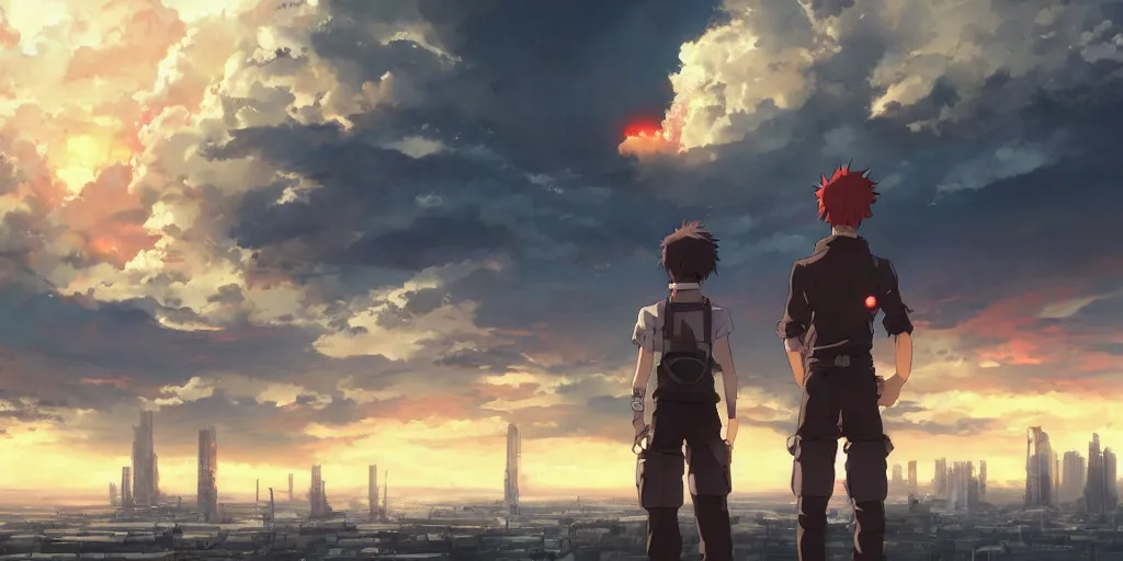 Image similar to anime character in front of an apocalyptic city and the clouds are burning, hyperrealistic, trending on pixiv fanbox, painted by greg rutkowski makoto shinkai takashi takeuchi studio ghibli, akihiko yoshida