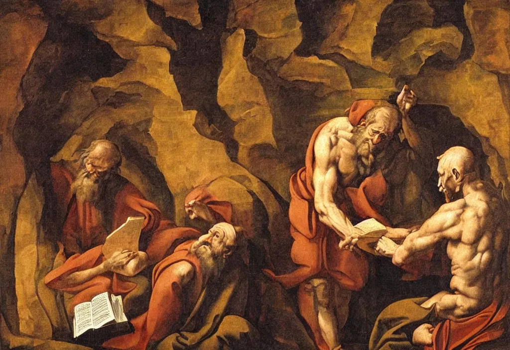 Image similar to saint jerome in the cave translating the bible into vulgate oil painting in the style of michelangelo