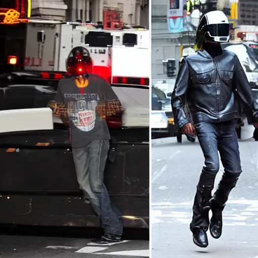 Image similar to kid rock wearing a daft punk helmet running after an ambulance in downtown new york city