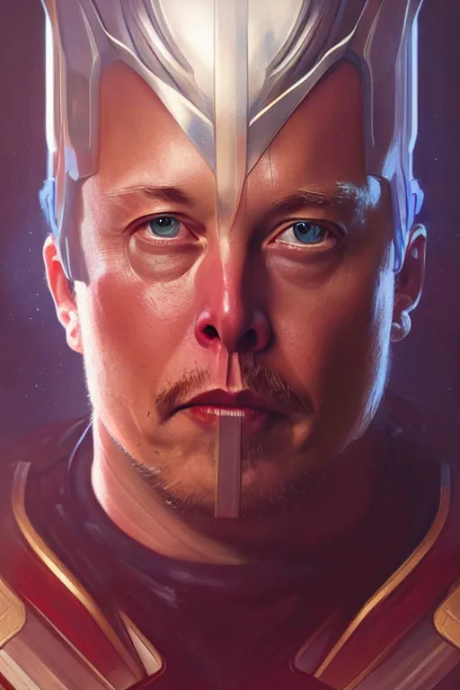 Image similar to elon musk as thor, realistic portrait, symmetrical, highly detailed, digital painting, artstation, concept art, smooth, sharp focus, illustration, cinematic lighting, art by artgerm and greg rutkowski and alphonse mucha